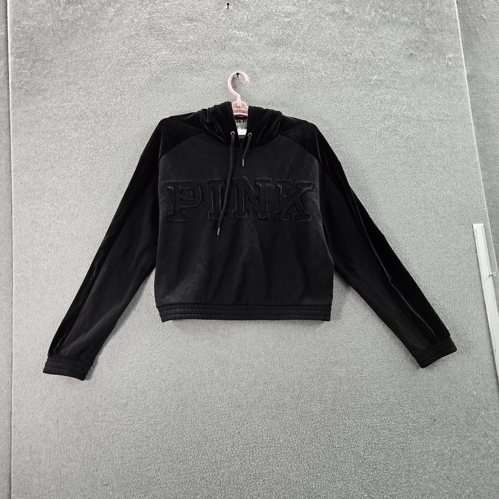 PINK Victoria's Secret Women Hoodie M Black‎ Embroidered Logo Cropped Velour